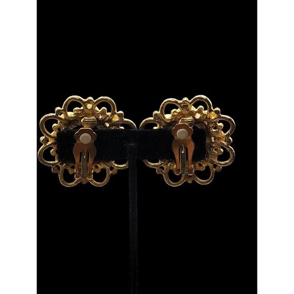 Runway Style Clip-On Earrings Gold Black Stone Center - Picture 11 of 14
